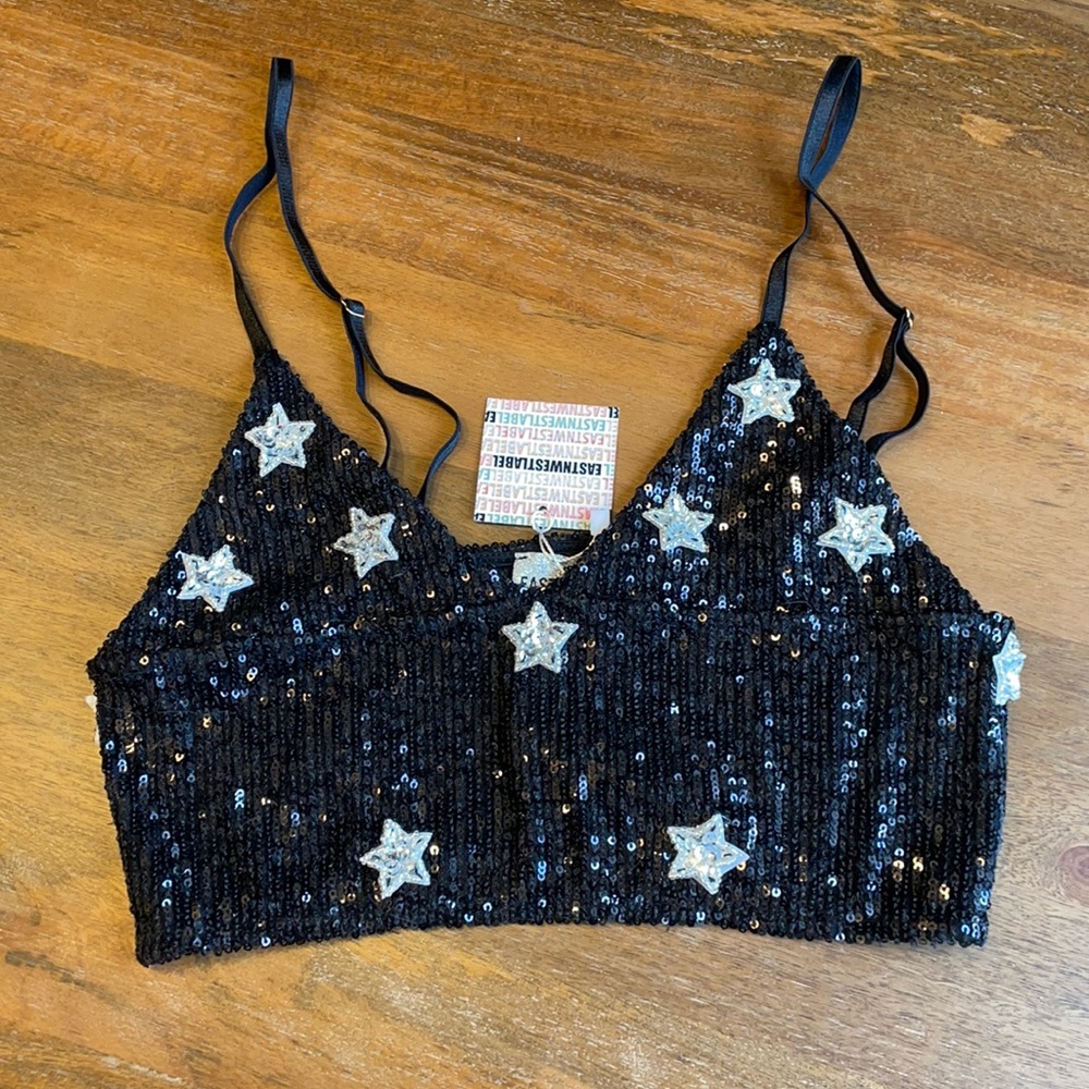 Sequin Star Embellished Black Crop Top